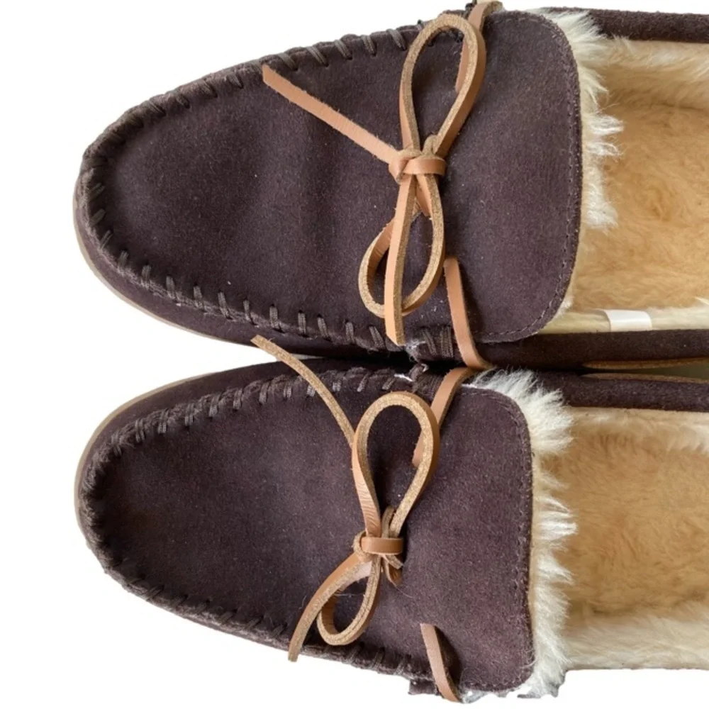 J CREW Suede Moccasin Slippers, Sherpa Fleece, Expresso Brown, Men's Siz…